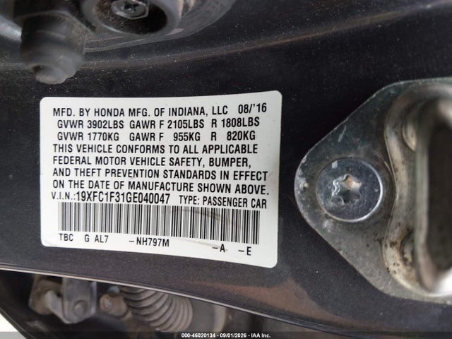 Aukcja sprzedaży 2016 Honda Civic Ex-t, vin: 19XFC1F31GE040047, numer aukcji: 46020134