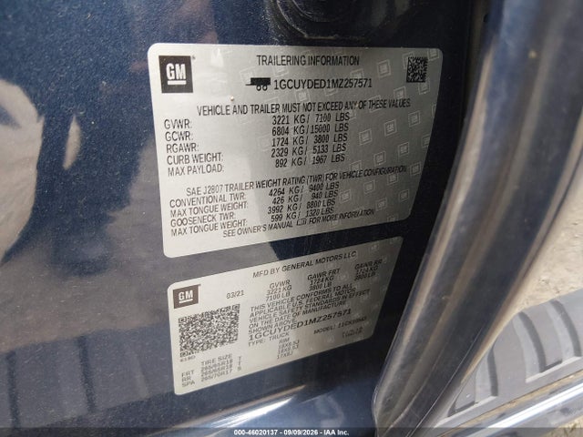 Aukcja sprzedaży 2021 Chevrolet Silverado 1500 4wd  Short Bed Lt, vin: 1GCUYDED1MZ257571, numer aukcji: 46020137