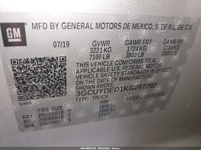 2019 Chevrolet Silverado 1500 Lt მანქანა იყიდება აუქციონზე, vin: 3GCUYDED1KG297792, აუქციონის ნომერი: 46020139