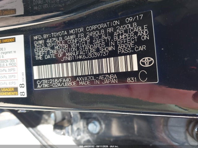 Aukcja sprzedaży 2018 Toyota Camry Le, vin: JTNB11HK6J3039737, numer aukcji: 46020152