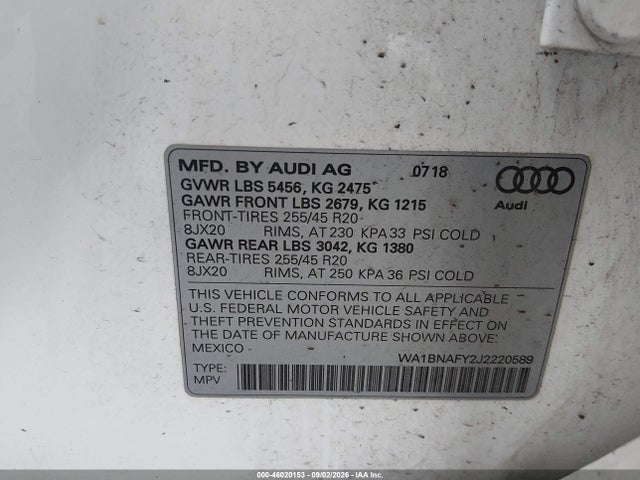 Продажа на аукционе авто 2018 Audi Q5 2.0t Premium, vin: WA1BNAFY2J2220589, номер лота: 46020153