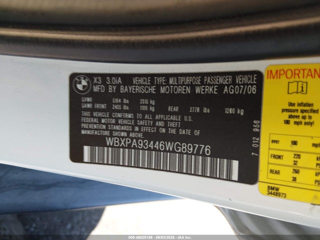 2006 Bmw X3 3.0i მანქანა იყიდება აუქციონზე, vin: WBXPA93446WG89776, აუქციონის ნომერი: 46020159