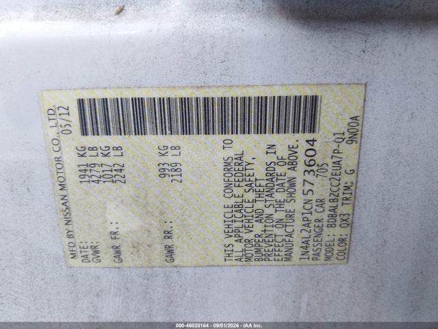 Продаж на аукціоні авто 2012 Nissan Altima 2.5 S, vin: 1N4AL2AP1CN573604, номер лоту: 46020164