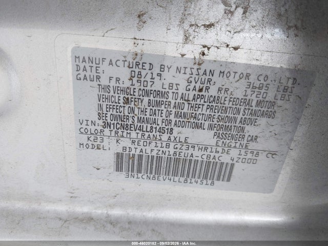 2020 Nissan Versa Sv Xtronic Cvt მანქანა იყიდება აუქციონზე, vin: 3N1CN8EV4LL814518, აუქციონის ნომერი: 46020182