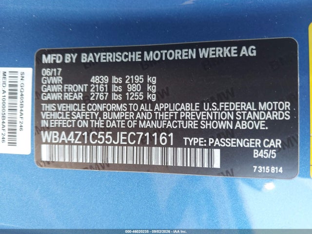46020235 :رقم المزاد ، WBA4Z1C55JEC71161 vin ، 2018 Bmw 430i مزاد بيع