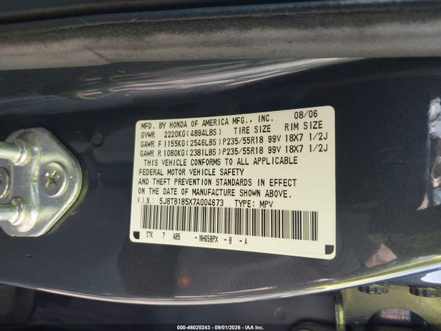 2007 Acura Rdx მანქანა იყიდება აუქციონზე, vin: 5J8TB185X7A004673, აუქციონის ნომერი: 46020243