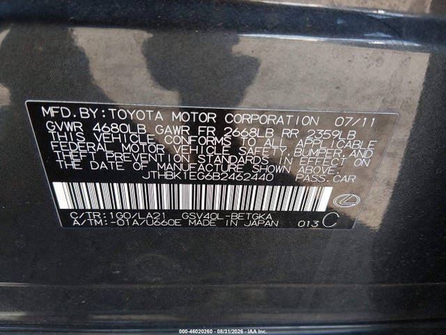 Aukcja sprzedaży 2011 Lexus Es 350, vin: JTHBK1EG6B2462440, numer aukcji: 46020260