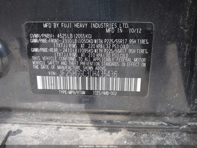 46020270 :رقم المزاد ، JF2SHGGC3DH435436 vin ، 2013 Subaru Forester 2.5xt Touring مزاد بيع