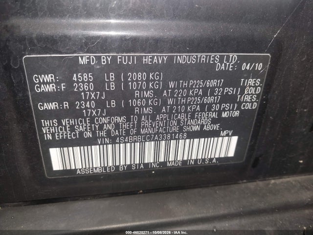 Продажа на аукционе авто 2010 Subaru Outback 2.5i Limited, vin: 4S4BRBLC7A3381468, номер лота: 46020271