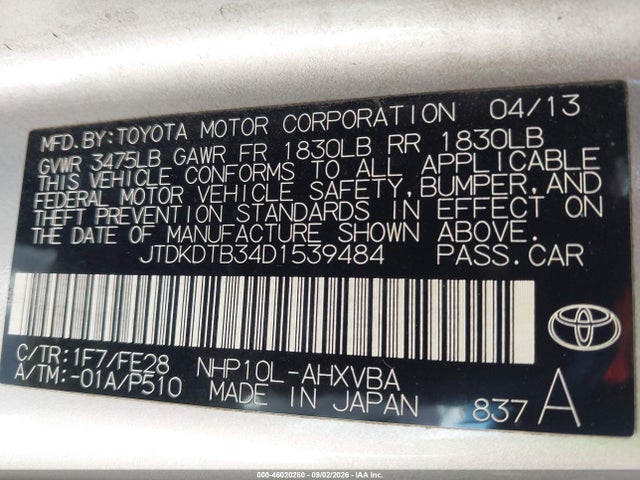 Aukcja sprzedaży 2013 Toyota Prius C One, vin: JTDKDTB34D1539484, numer aukcji: 46020280