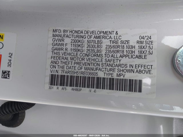 2024 Honda Cr-v Hybrid Sport მანქანა იყიდება აუქციონზე, vin: 7FARS5H51RE036605, აუქციონის ნომერი: 46020287