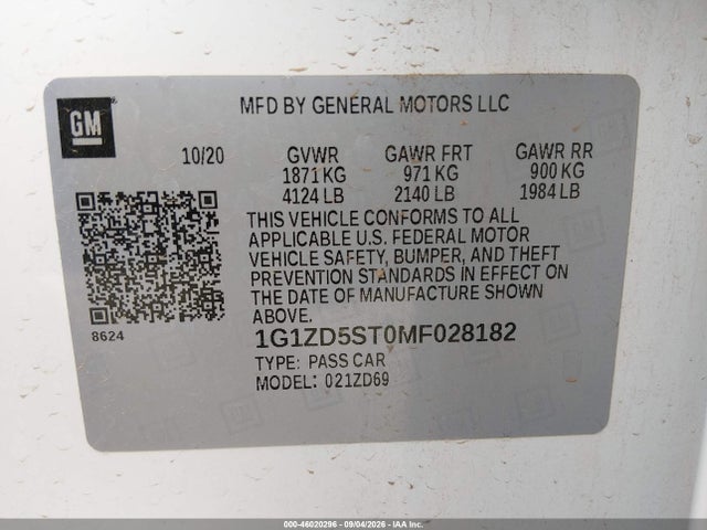 Aukcja sprzedaży 2021 Chevrolet Malibu Fwd Lt, vin: 1G1ZD5ST0MF028182, numer aukcji: 46020296