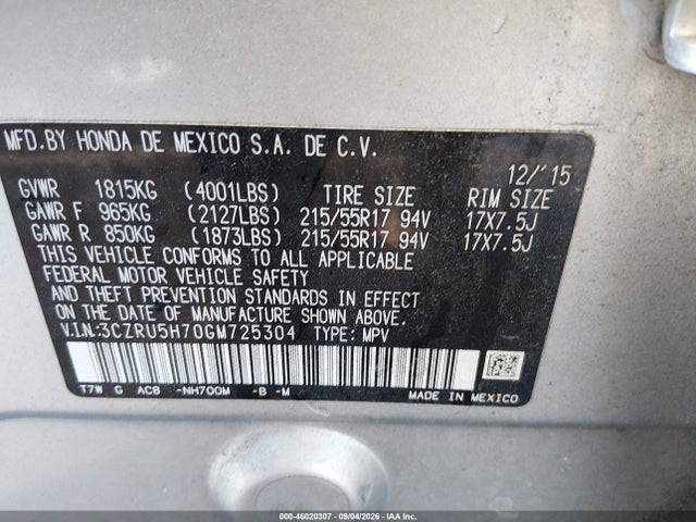Aukcja sprzedaży 2016 Honda Hr-v Ex-l, vin: 3CZRU5H70GM725304, numer aukcji: 46020307