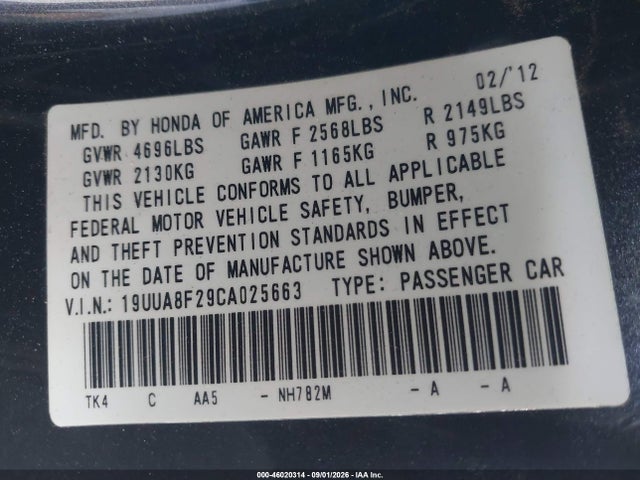 Aukcja sprzedaży 2012 Acura Tl 3.5, vin: 19UUA8F29CA025663, numer aukcji: 46020314