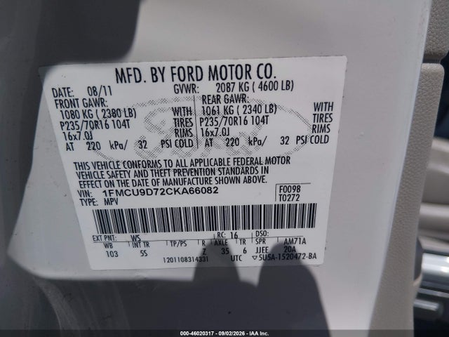 2012 Ford Escape Xlt მანქანა იყიდება აუქციონზე, vin: 1FMCU9D72CKA66082, აუქციონის ნომერი: 46020317