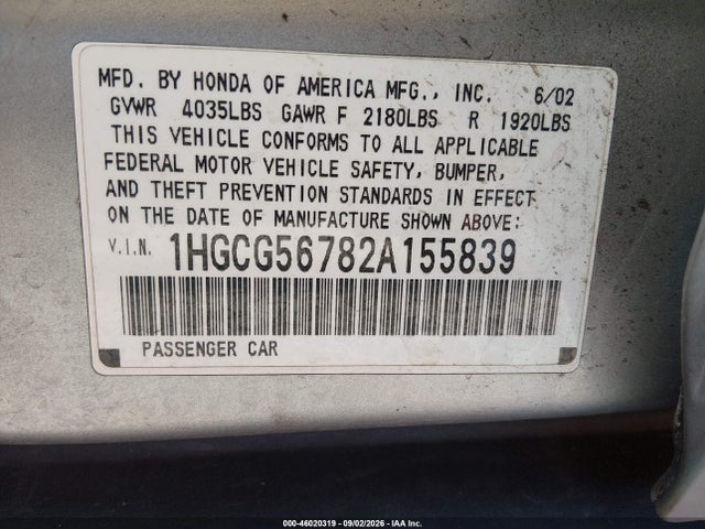 46020319 :رقم المزاد ، 1HGCG56782A155839 vin ، 2002 Honda Accord 2.3 Se مزاد بيع