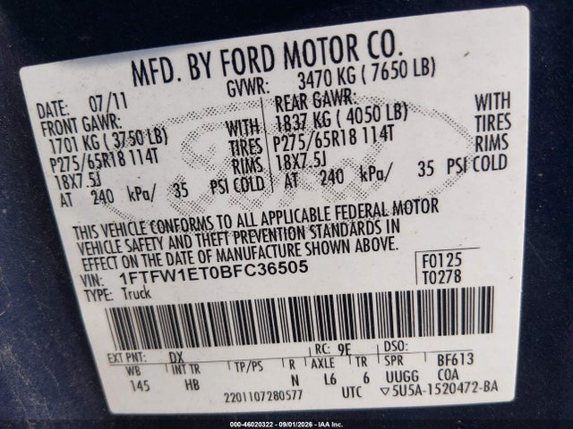Aukcja sprzedaży 2011 Ford F-150 Lariat, vin: 1FTFW1ET0BFC36505, numer aukcji: 46020322