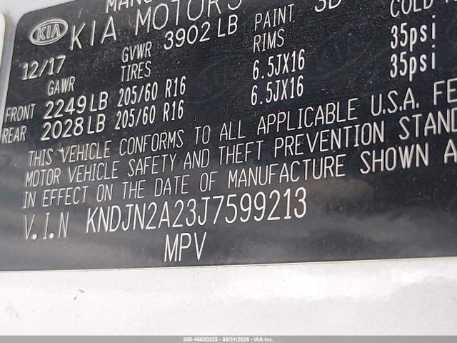 46020325 :رقم المزاد ، KNDJN2A23J7599213 vin ، 2018 Kia Soul مزاد بيع