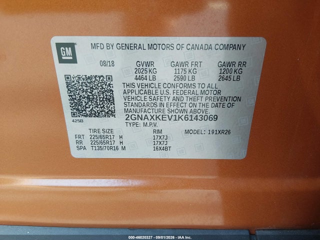Продажа на аукционе авто 2019 Chevrolet Equinox Lt, vin: 2GNAXKEV1K6143069, номер лота: 46020327