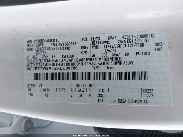Продажа на аукционе авто 2024 Ford F-250 Xl, vin: 1FT7W2AT2REC30186, номер лота: 46020328