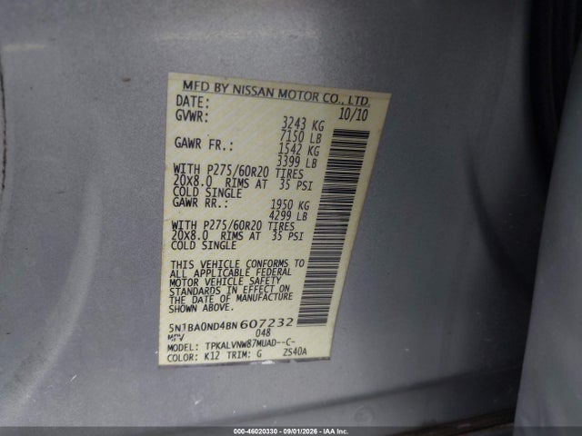 Продаж на аукціоні авто 2011 Nissan Armada Sl, vin: 5N1BA0ND4BN607232, номер лоту: 46020330