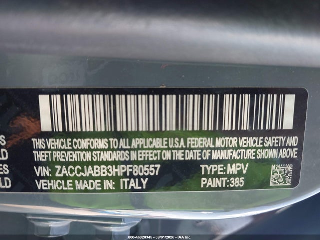 46020345 :رقم المزاد ، ZACCJABB3HPF80557 vin ، 2017 Jeep Renegade Altitude مزاد بيع