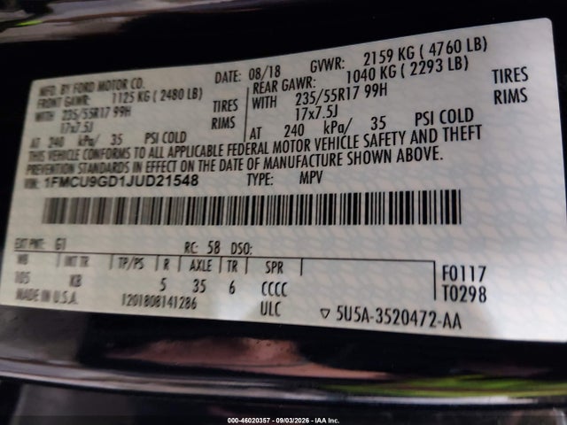 46020357 :رقم المزاد ، 1FMCU9GD1JUD21548 vin ، 2018 Ford Escape Se مزاد بيع