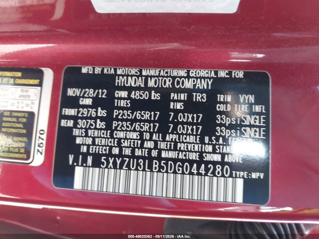 2013 Hyundai Santa Fe Sport მანქანა იყიდება აუქციონზე, vin: 5XYZU3LB5DG044280, აუქციონის ნომერი: 46020362