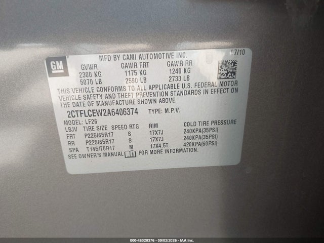 46020376 :رقم المزاد ، 2CTFLCEW2A6406374 vin ، 2010 Gmc Terrain Sle-1 مزاد بيع