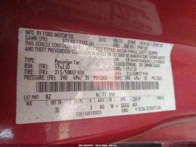 Продажа на аукционе авто 2012 Ford Focus Sel, vin: 1FAHP3M29CL215865, номер лота: 46020387