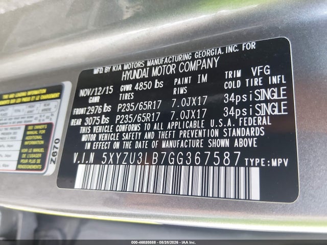 46020388 :رقم المزاد ، 5XYZU3LB7GG367587 vin ، 2016 Hyundai Santa Fe Sport 2.4l مزاد بيع