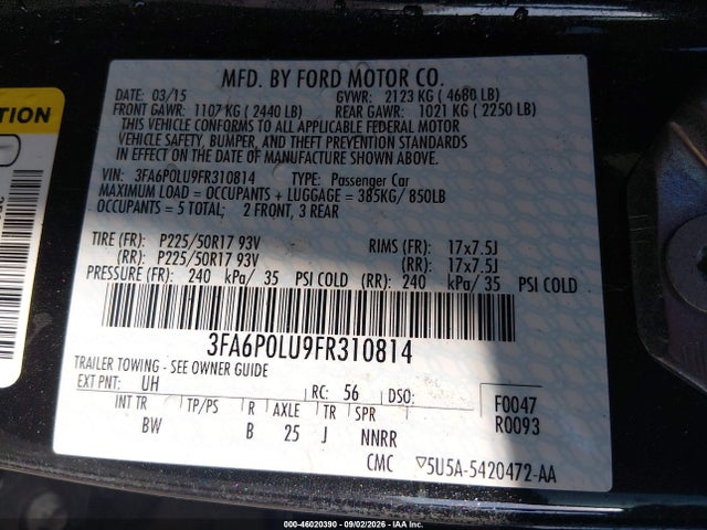 2015 Ford Fusion Hybrid Se მანქანა იყიდება აუქციონზე, vin: 3FA6P0LU9FR310814, აუქციონის ნომერი: 46020390