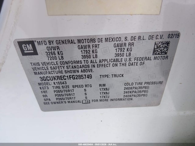 Aukcja sprzedaży 2015 Chevrolet Silverado 1500 Lt, vin: 3GCUKREC1FG285749, numer aukcji: 46020404