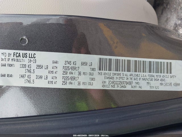 Продаж на аукціоні авто 2019 Dodge Grand Caravan Sxt, vin: 2C4RDGCG5KR784987, номер лоту: 46020409