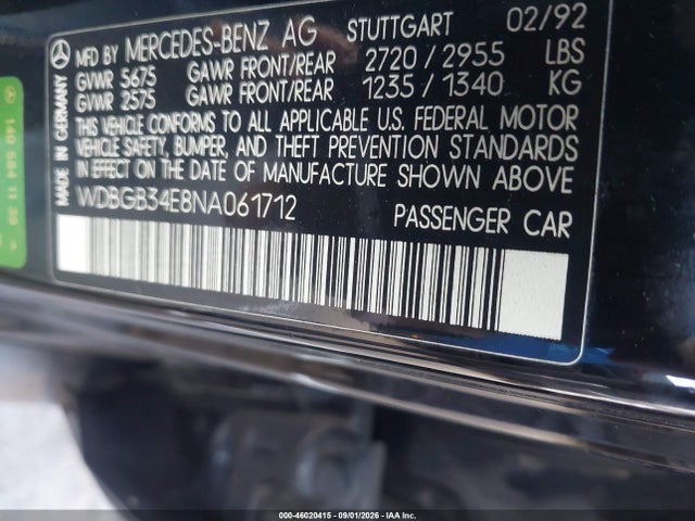 46020415 :رقم المزاد ، WDBGB34E8NA061712 vin ، 1992 Mercedes-benz 300 Sd مزاد بيع