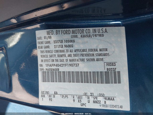 Продажа на аукционе авто 2000 Ford Mustang, vin: 1FAFP4042YF190737, номер лота: 46020422