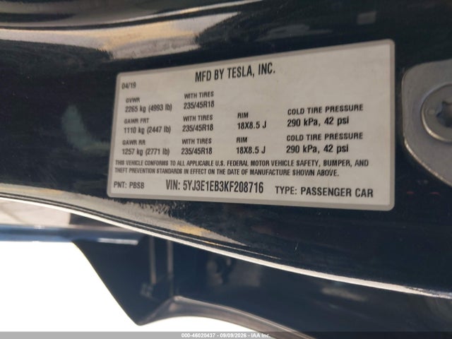 Aukcja sprzedaży 2019 Tesla Model 3 Long Range/performance, vin: 5YJ3E1EB3KF208716, numer aukcji: 46020437