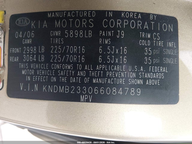 Продажа на аукционе авто 2006 Kia Sedona Ex/lx, vin: KNDMB233066084789, номер лота: 46020439