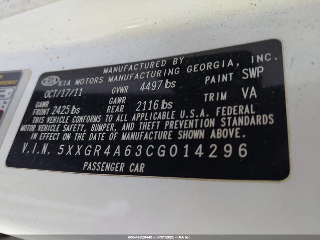 Aukcja sprzedaży 2012 Kia Optima Sx, vin: 5XXGR4A63CG014296, numer aukcji: 46020449