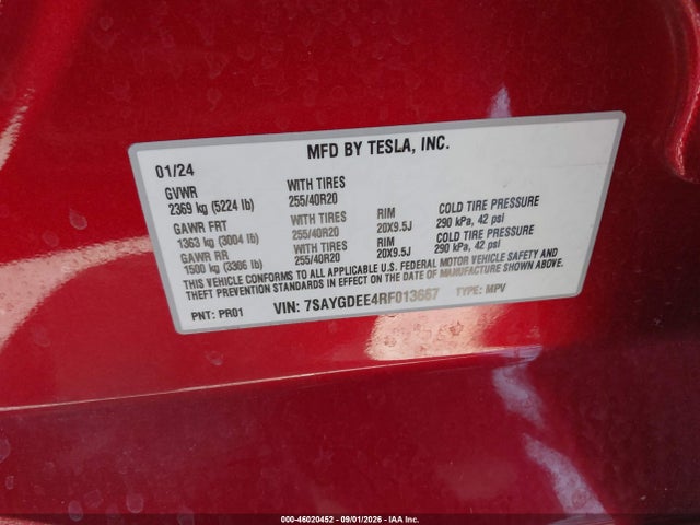 Aukcja sprzedaży 2024 Tesla Model Y Long Range Dual Motor All-wheel Drive, vin: 7SAYGDEE4RF013667, numer aukcji: 46020452