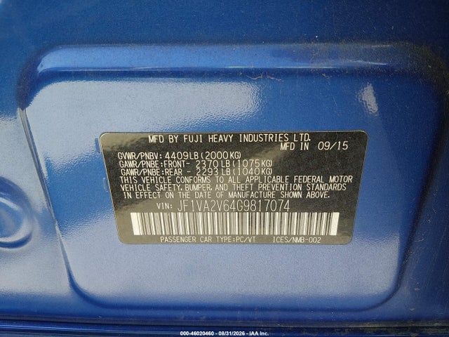 Продаж на аукціоні авто 2016 Subaru Wrx Sti, vin: JF1VA2V64G9817074, номер лоту: 46020460