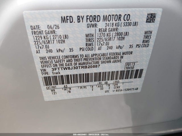 2026 Ford Maverick Xlt მანქანა იყიდება აუქციონზე, vin: 3FTTW8J30TRB20887, აუქციონის ნომერი: 46020461