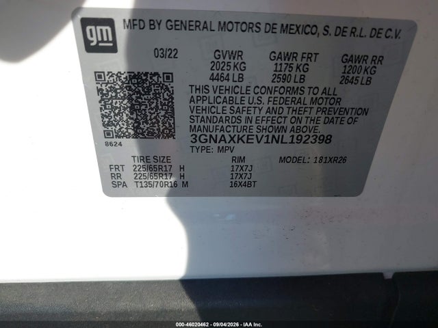 2022 Chevrolet Equinox Fwd Lt მანქანა იყიდება აუქციონზე, vin: 3GNAXKEV1NL192398, აუქციონის ნომერი: 46020462