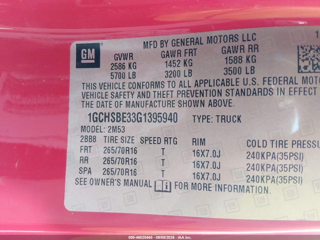 46020465 :رقم المزاد ، 1GCHSBE33G1395940 vin ، 2016 Chevrolet Colorado Wt مزاد بيع