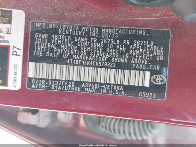 2015 Toyota Camry Se მანქანა იყიდება აუქციონზე, vin: 4T1BF1FK4FU979332, აუქციონის ნომერი: 46020476