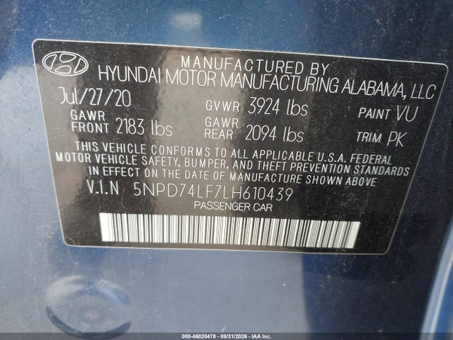 Продаж на аукціоні авто 2020 Hyundai Elantra Se, vin: 5NPD74LF7LH610439, номер лоту: 46020478
