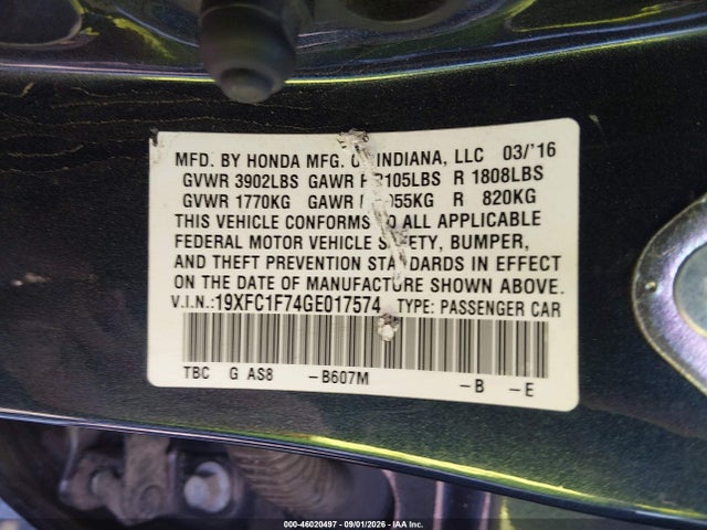 Продажа на аукционе авто 2016 Honda Civic Ex-l, vin: 19XFC1F74GE017574, номер лота: 46020497