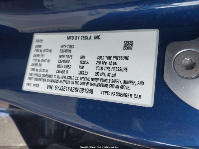 5YJ3E1EA2SF081948 Tesla Model 3 Long Range Rear-wheel Drive/standard Rear-wheel Drive