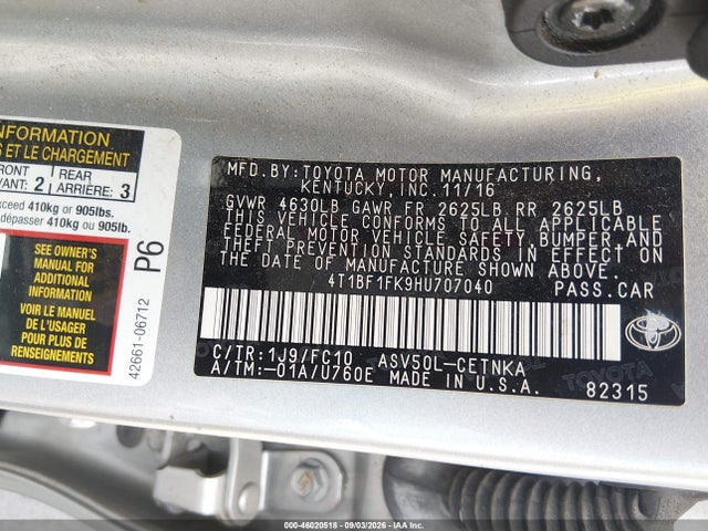 46020518 :رقم المزاد ، 4T1BF1FK9HU707040 vin ، 2017 Toyota Camry Le مزاد بيع
