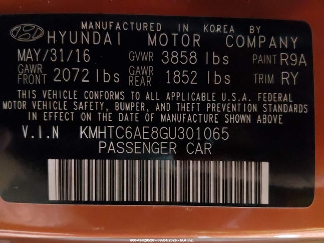 46020520 :رقم المزاد ، KMHTC6AE8GU301065 vin ، 2016 Hyundai Veloster Turbo مزاد بيع